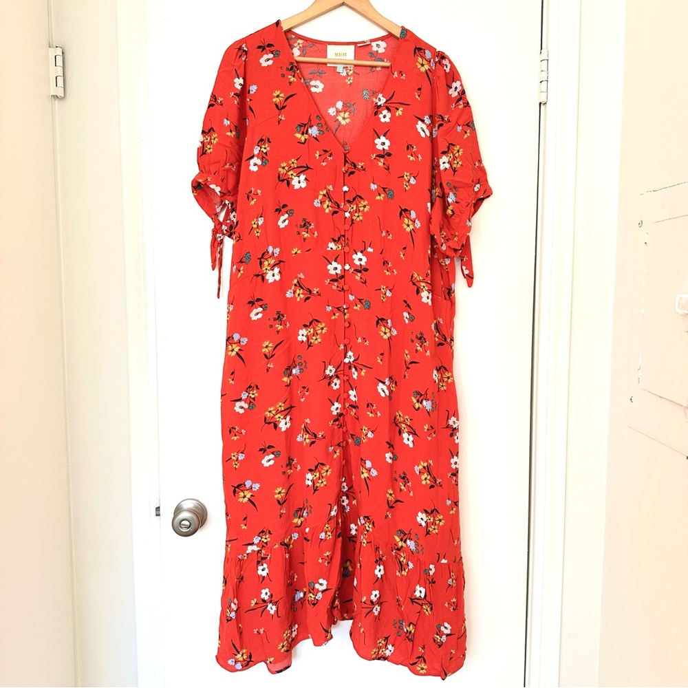 Anthropologie Red Orange Floral Midi Dress